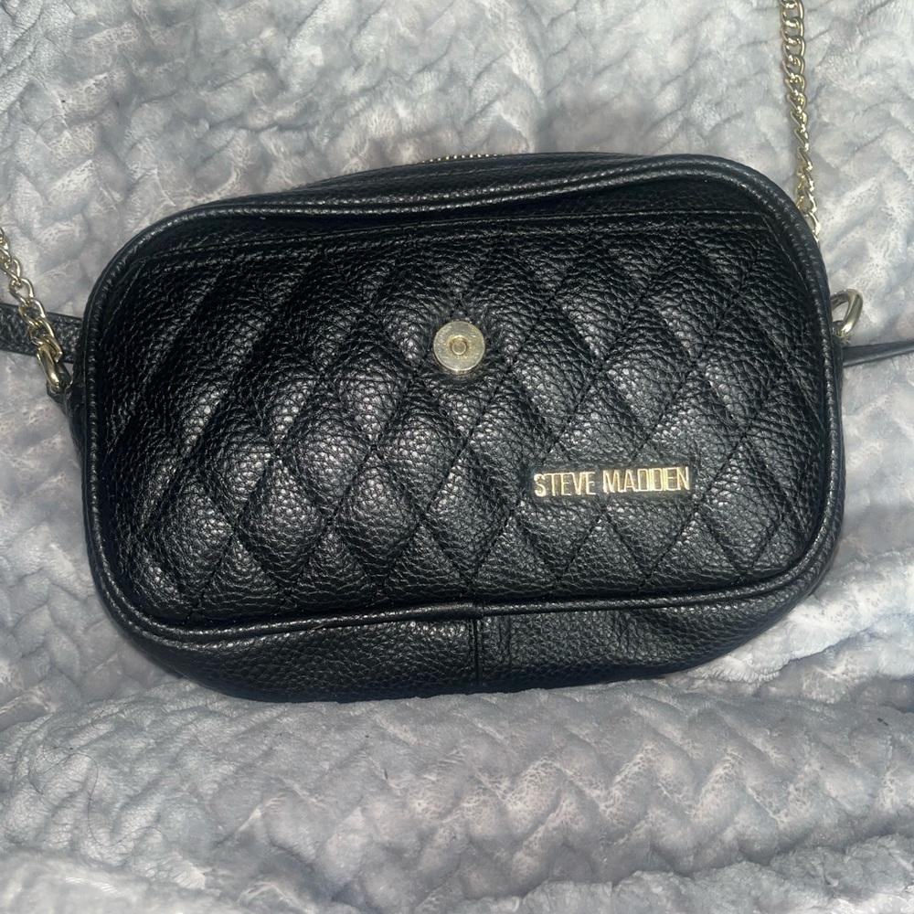 Steve Madden Quilted Black Crossbody Bag with Gold Accents
